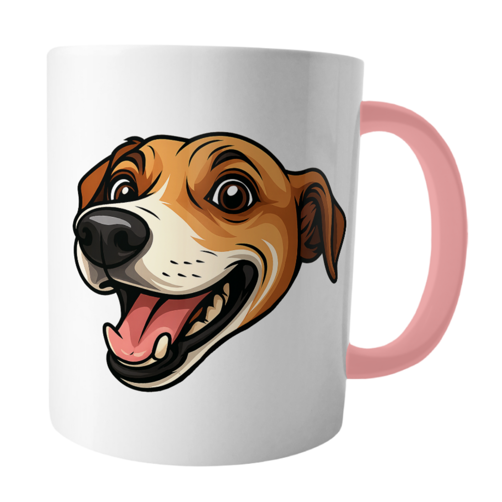 CUSTOM Mug with a dog's face design and pink handle on a white background
