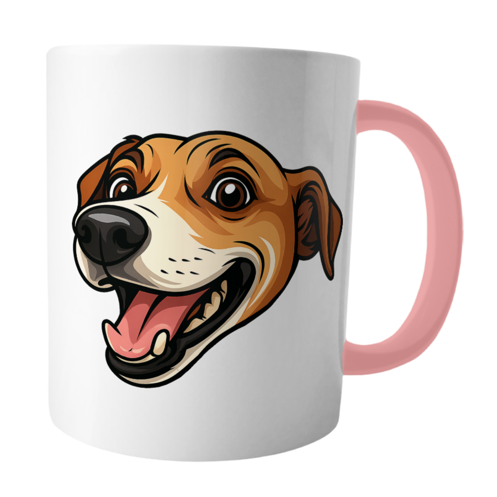 CUSTOM Mug with a dog's face design and pink handle on a white background