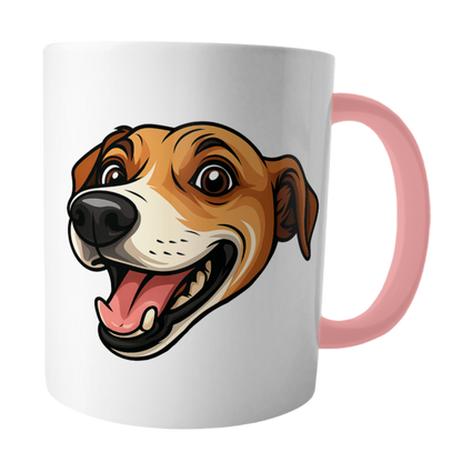 CUSTOM Mug with a dog's face design and pink handle on a white background