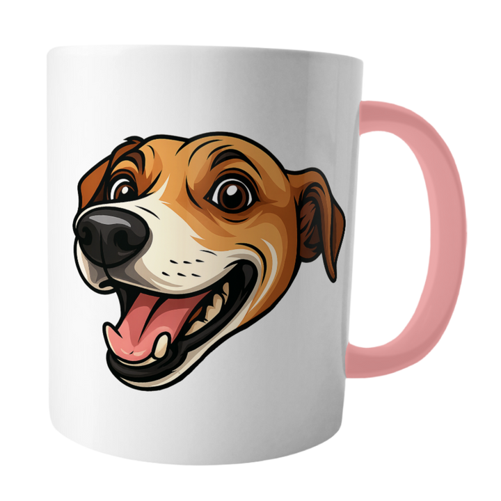 CUSTOM Mug with a dog's face design and pink handle on a white background