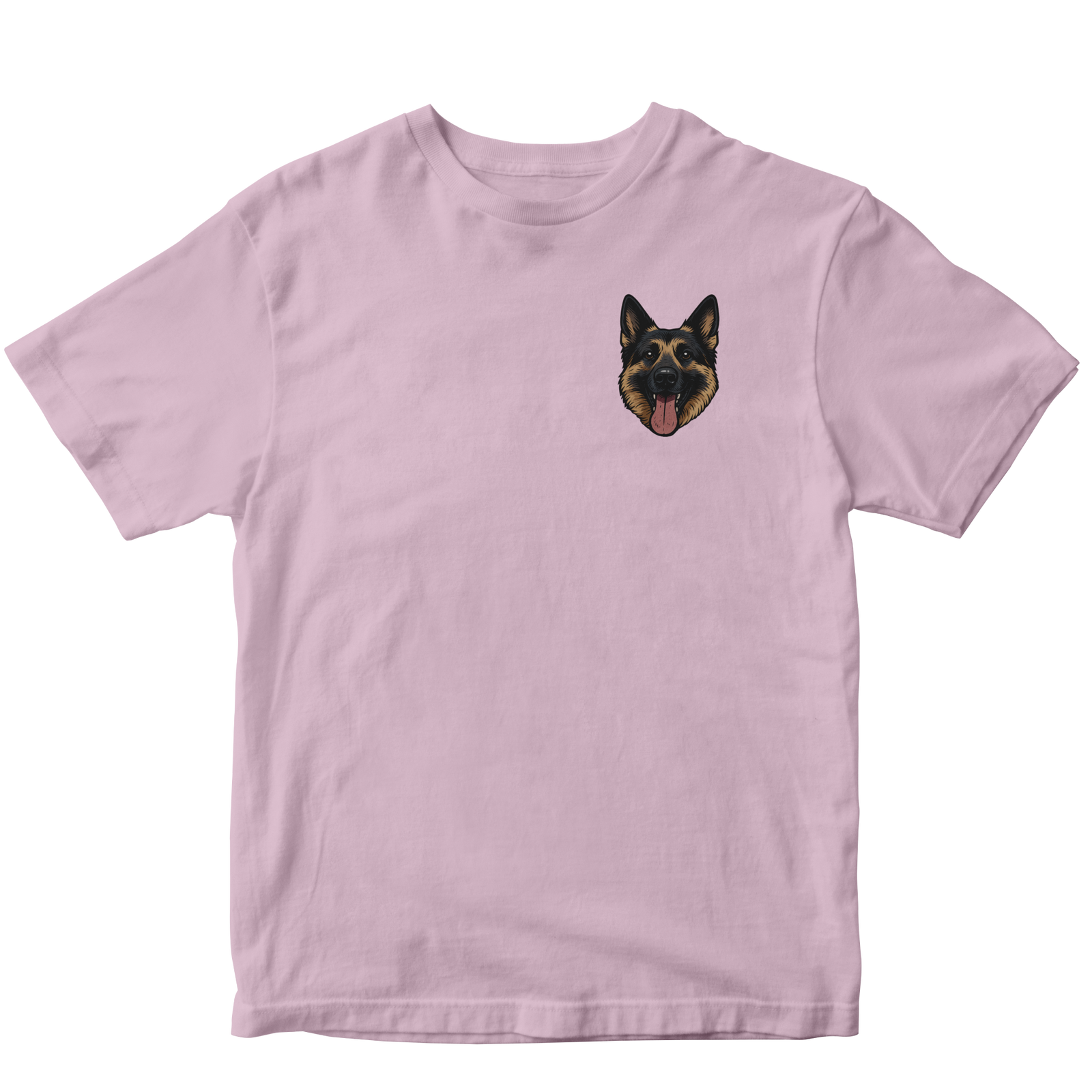 Pink t-shirt with a custom dog graphic on a white background
