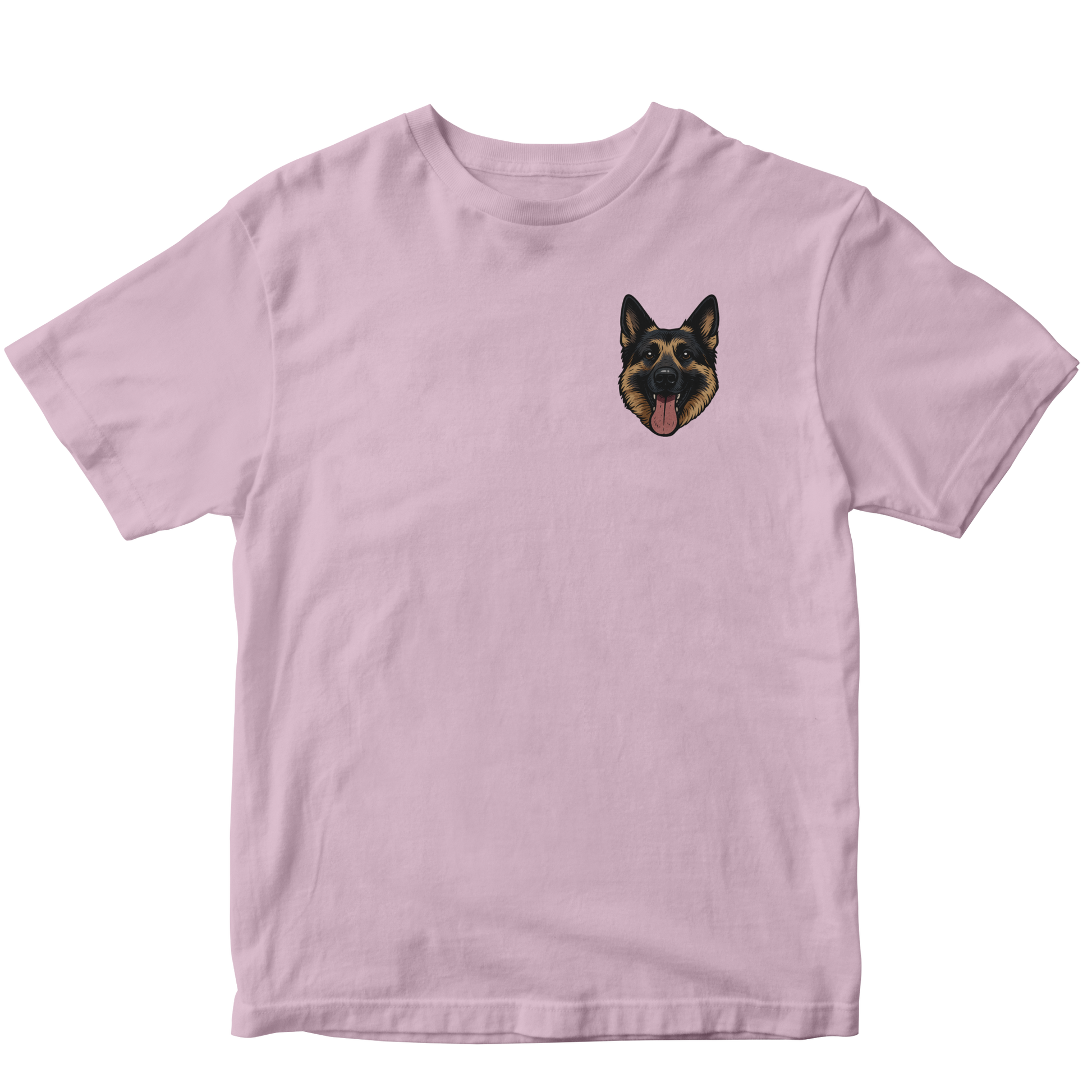 Pink t-shirt with a custom dog graphic on a white background