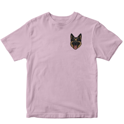 Pink t-shirt with a custom dog graphic on a white background