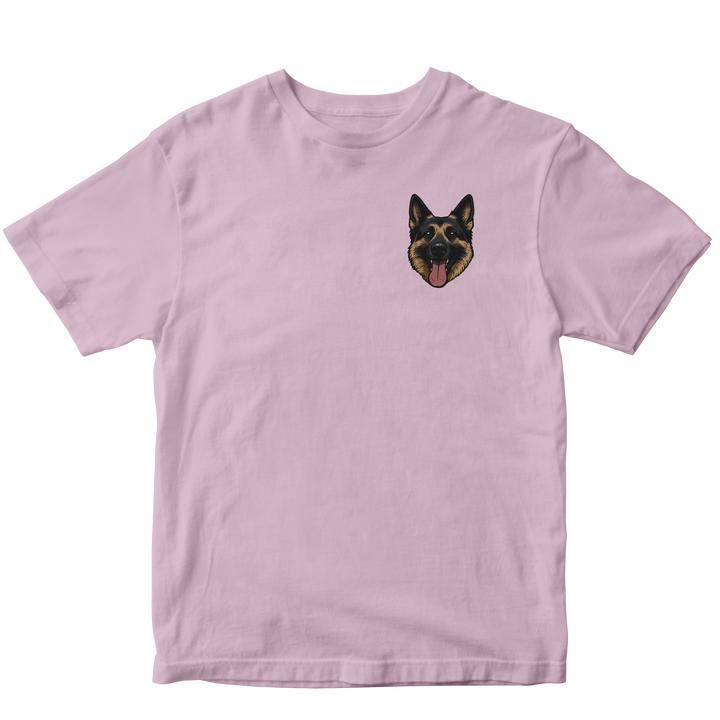 Pink t-shirt with a custom dog graphic on a white background