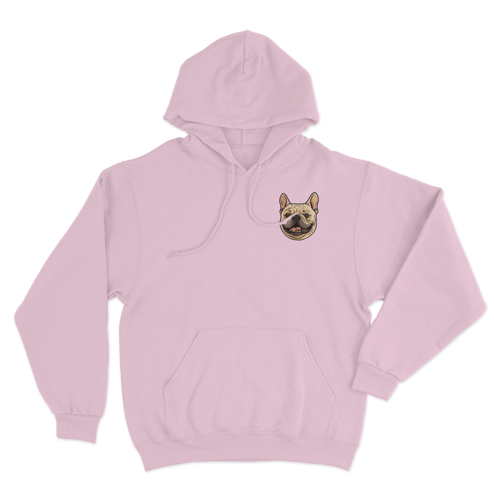 Pink hoodie with a custom dog illustration as the logo