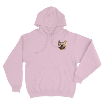 Pink hoodie with a custom dog illustration as the logo
