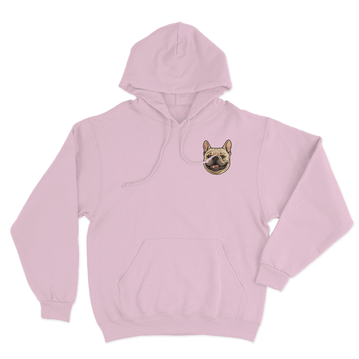 Pink hoodie with a custom dog illustration as the logo