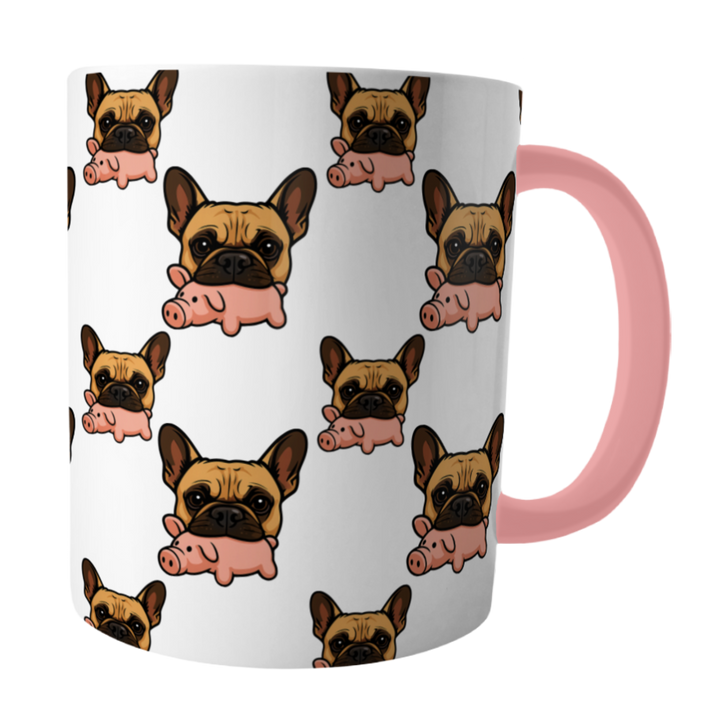Mug with cartoon dog and pig pattern and pink handle