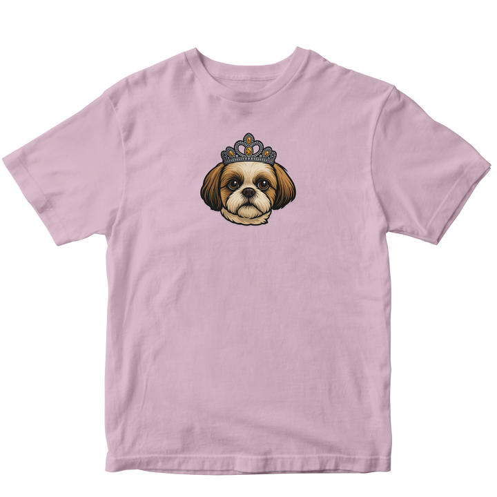 Pink t-shirt with a dog wearing a crown graphic on a white background