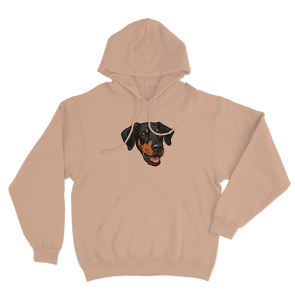 Beige hoodie with a custom dog graphic on a white background