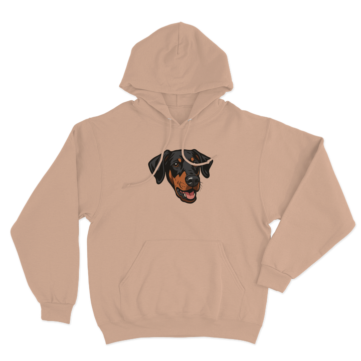 Beige hoodie with a custom dog graphic on a white background