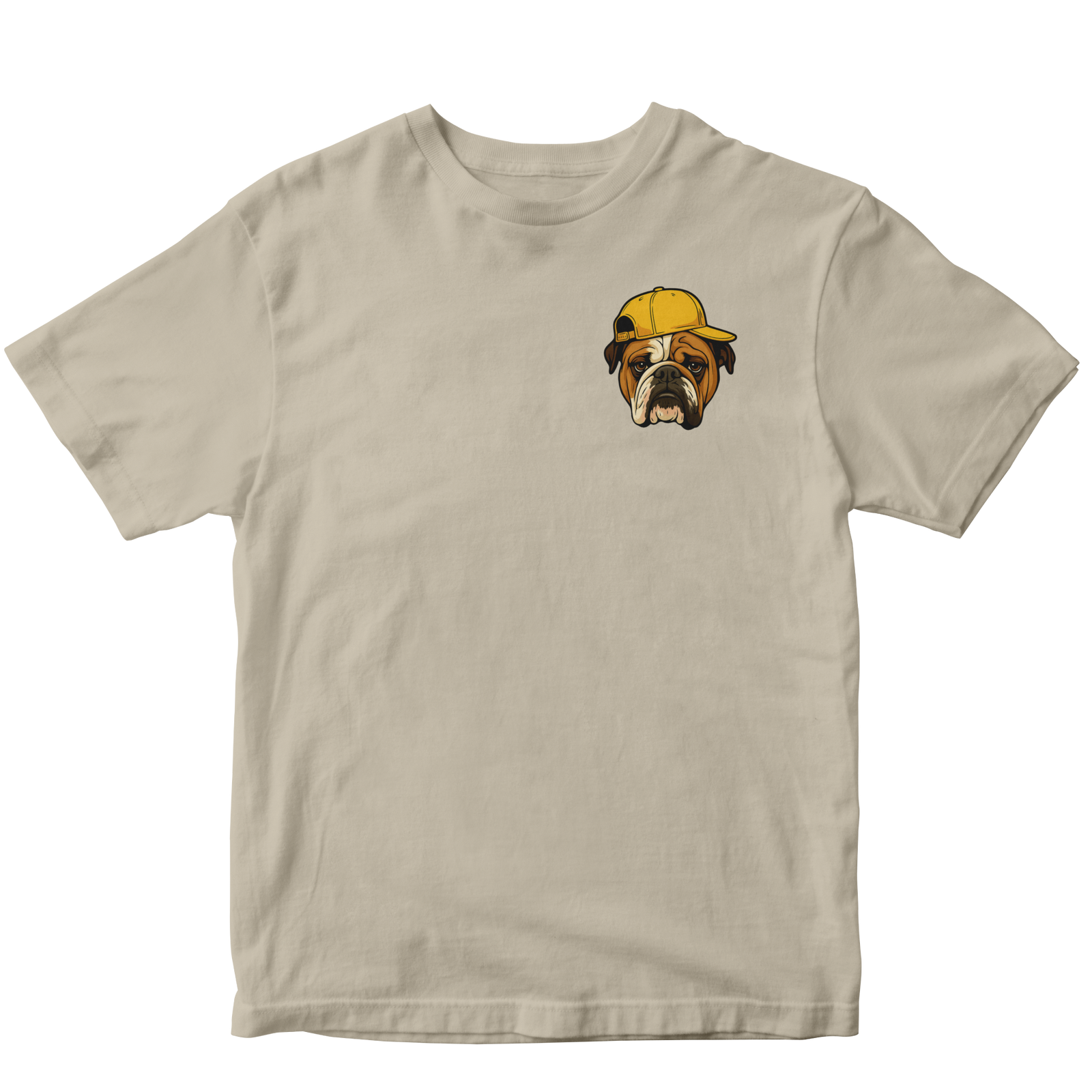 customised Beige t-shirt with a bulldog wearing a yellow cap on a white background