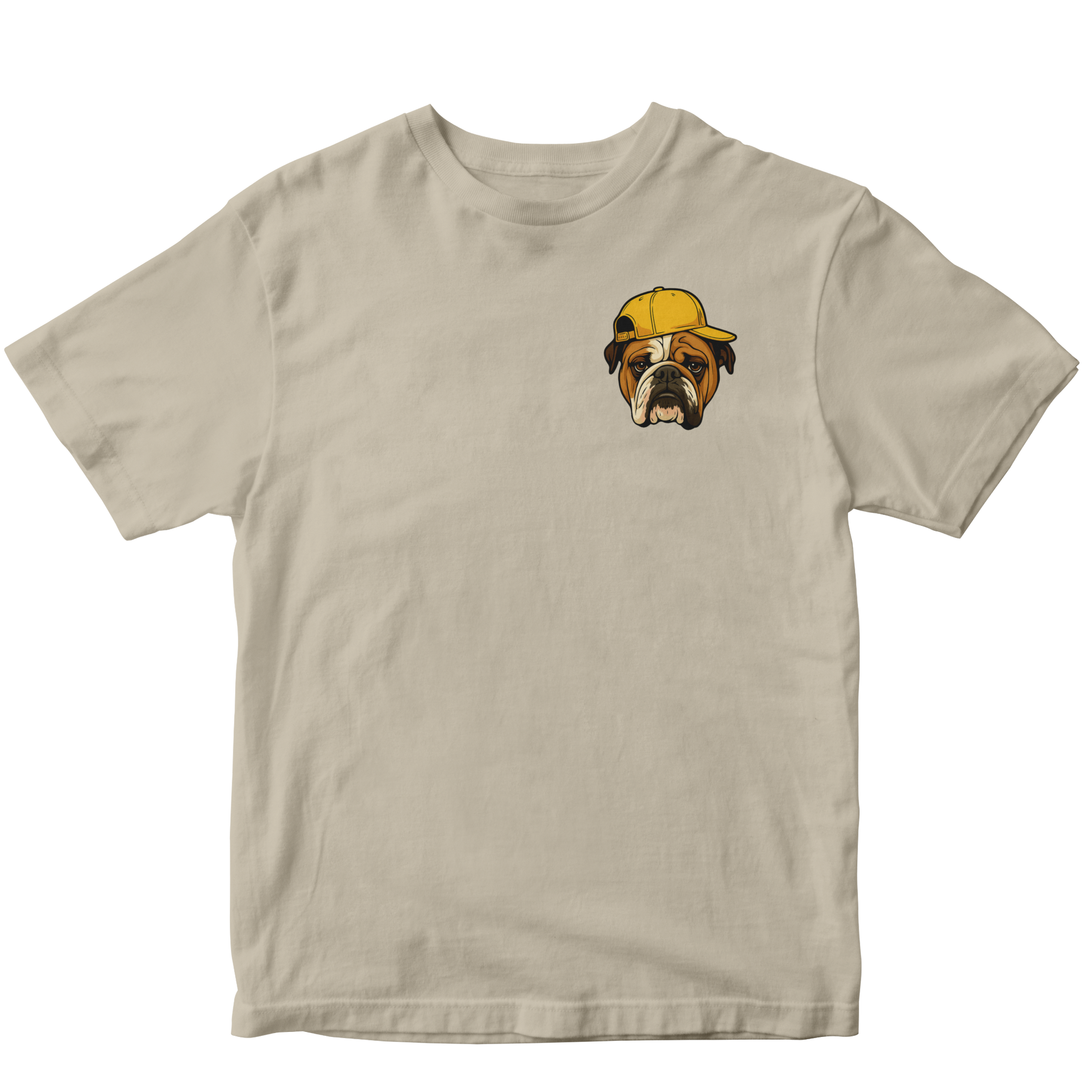 customised Beige t-shirt with a bulldog wearing a yellow cap on a white background