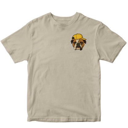 customised Beige t-shirt with a bulldog wearing a yellow cap on a white background