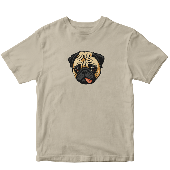 Beige t-shirt with a pug graphic on a white background