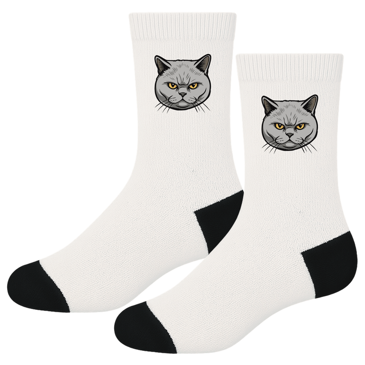 White socks with black accents featuring gray cat illustrations on a white background