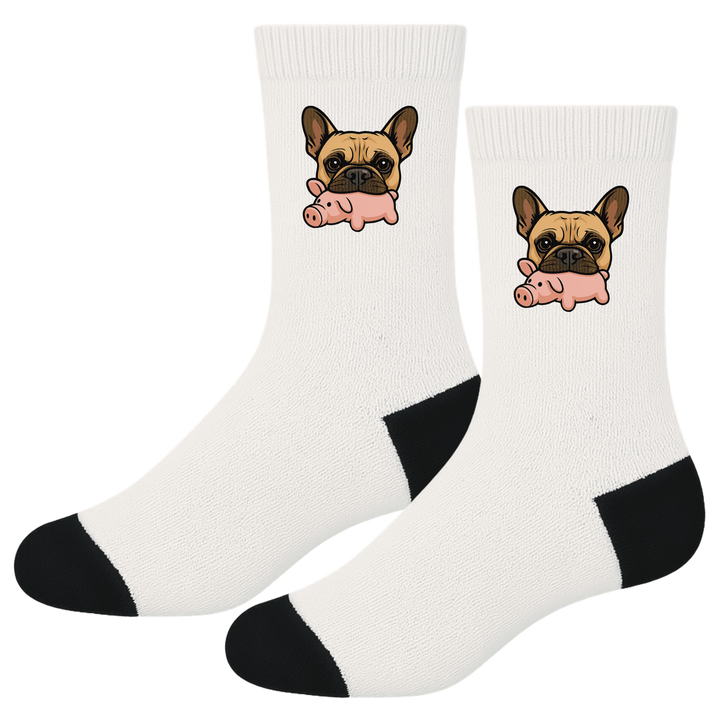 White socks with a dog and pig illustration on a white background