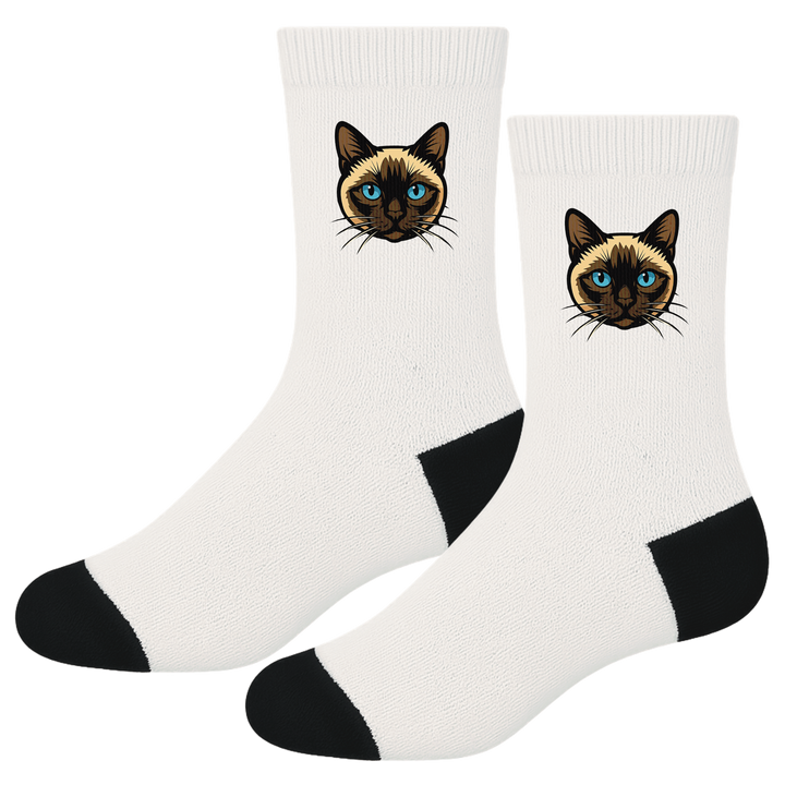 White socks with a Siamese cat illustration on a white background