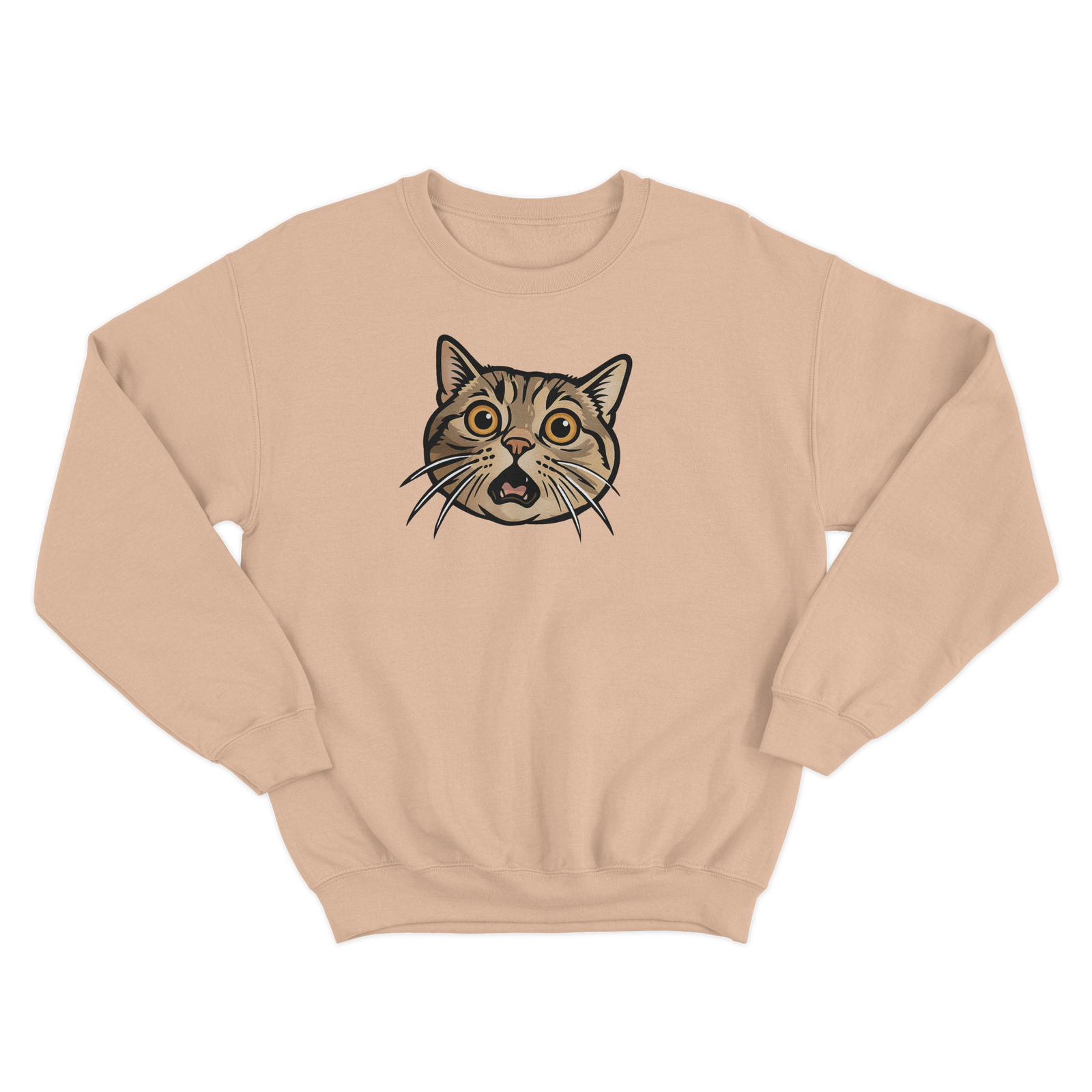 Sand sweatshirt with a custom cat graphic on a white background