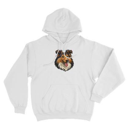 White hoodie with a custom dog graphic on a white background