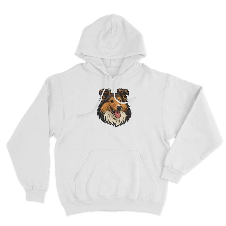White hoodie with a custom dog graphic on a white background