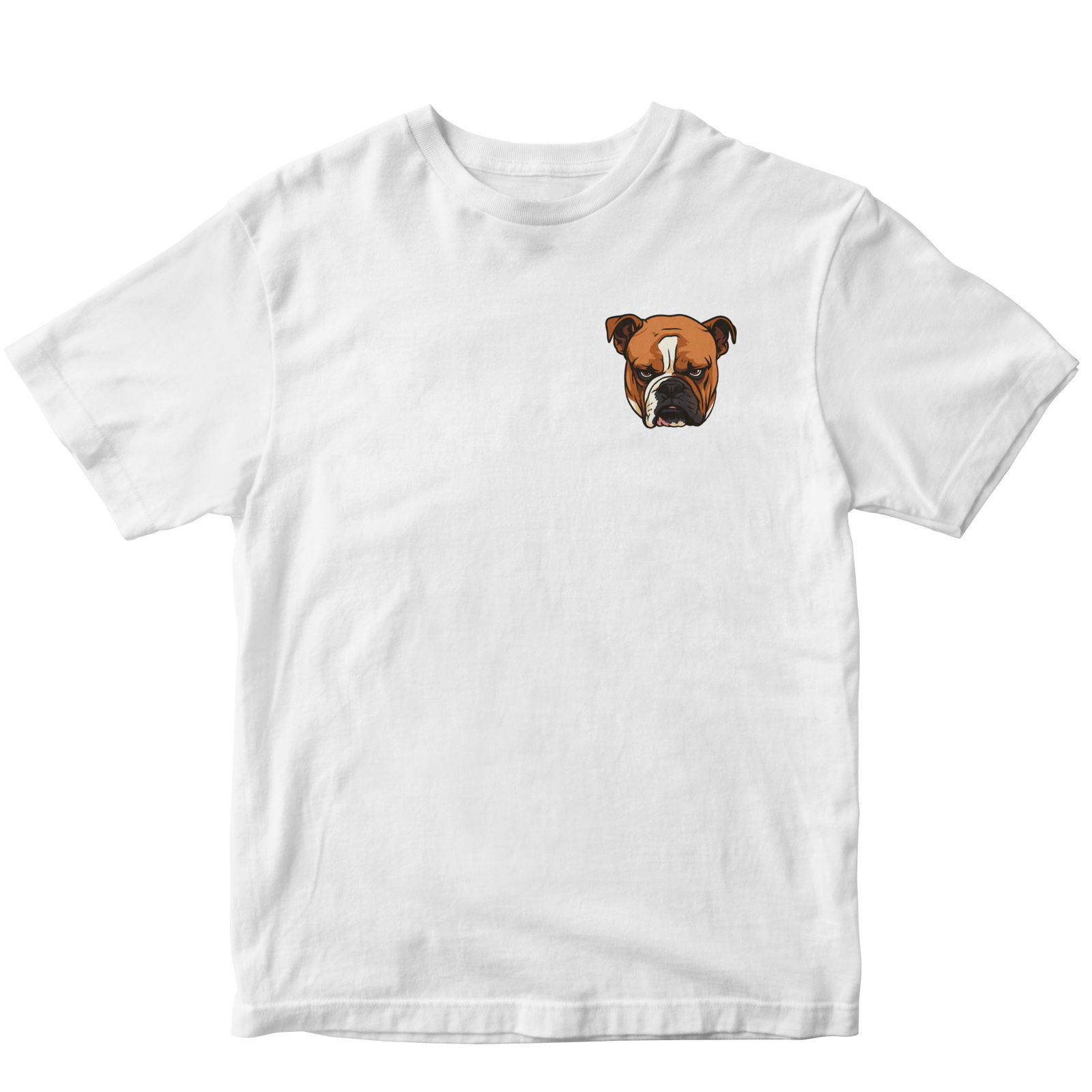 White t-shirt with a custom bulldog graphic logo on a white background