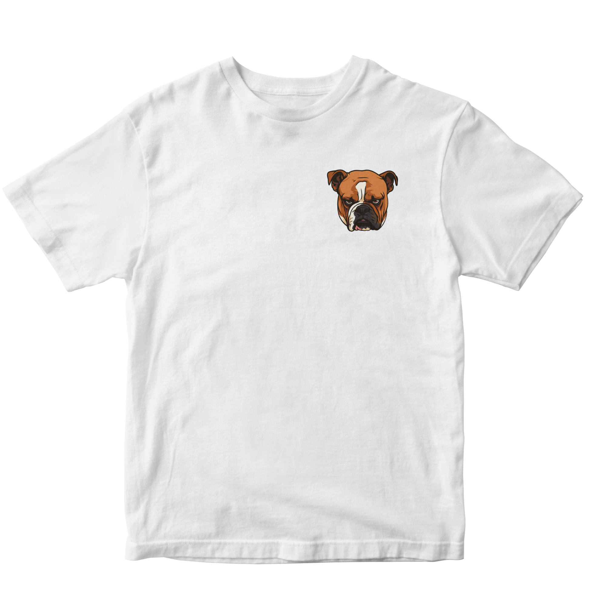 White t-shirt with a custom bulldog graphic logo on a white background