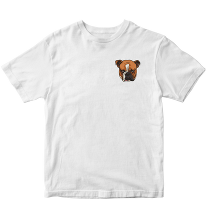 White t-shirt with a custom bulldog graphic logo on a white background