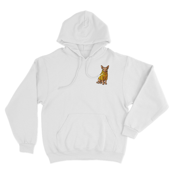 White hoodie with a small cat illustration 