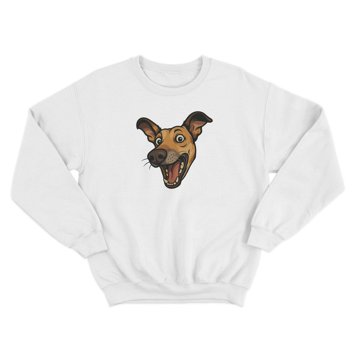 White sweatshirt with a cartoon dog face illustration