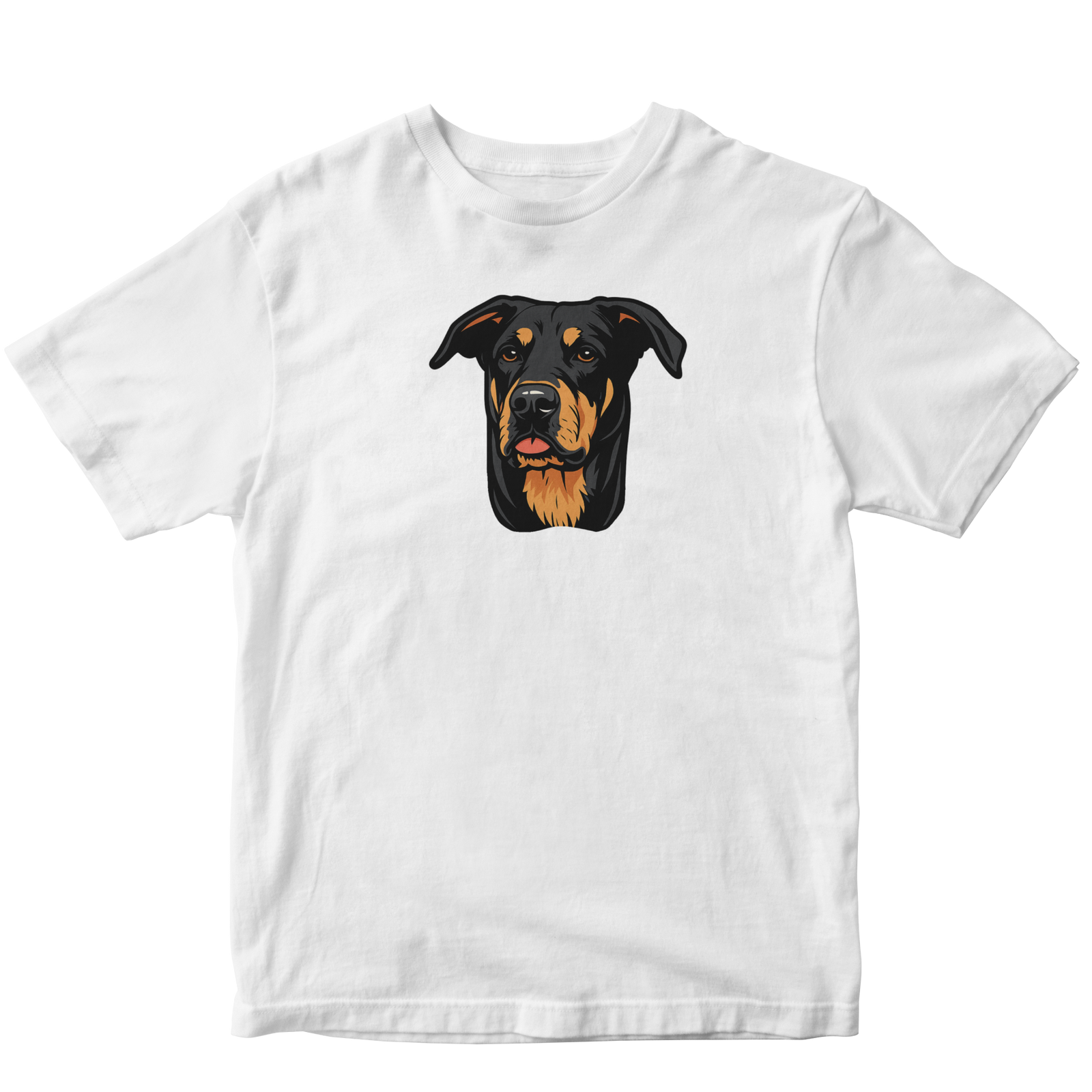 White t-shirt with a dog's face illustration on a white background