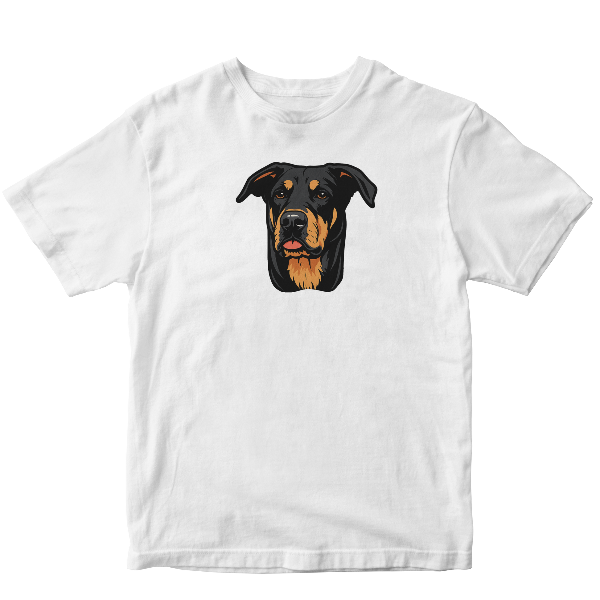 White t-shirt with a dog's face illustration on a white background