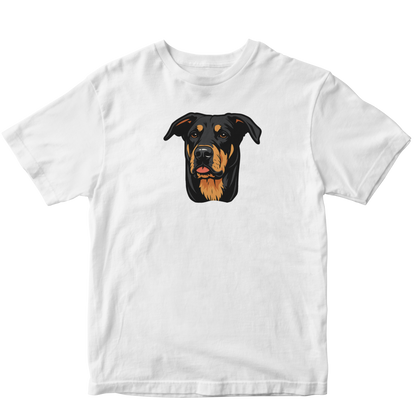 White t-shirt with a dog's face illustration on a white background