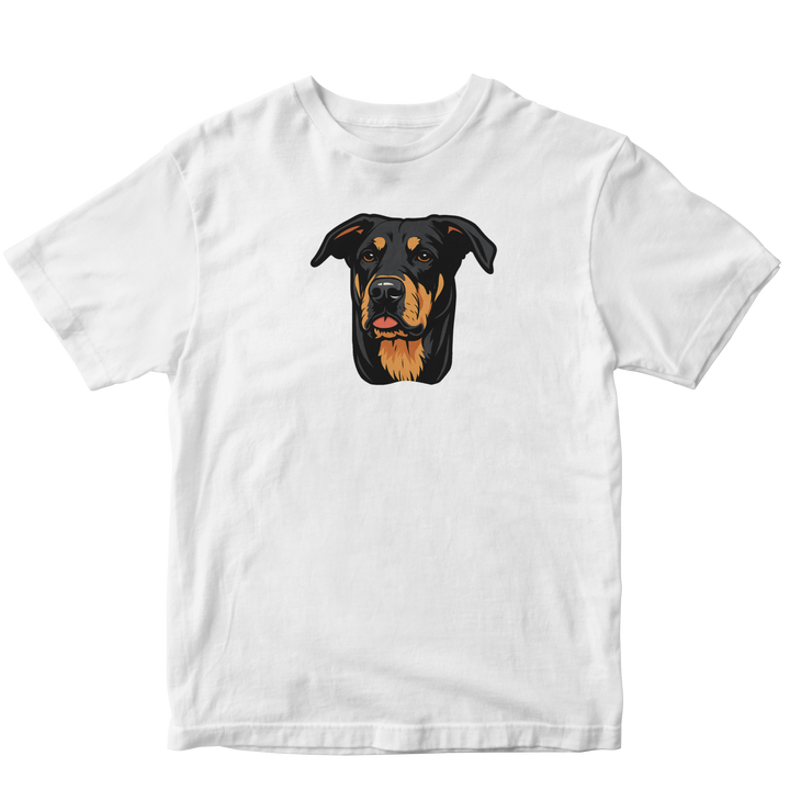 White t-shirt with a dog's face illustration on a white background