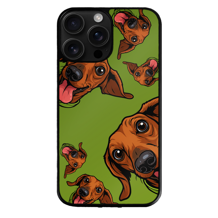 Phone case with cartoon dachshund design on a green background