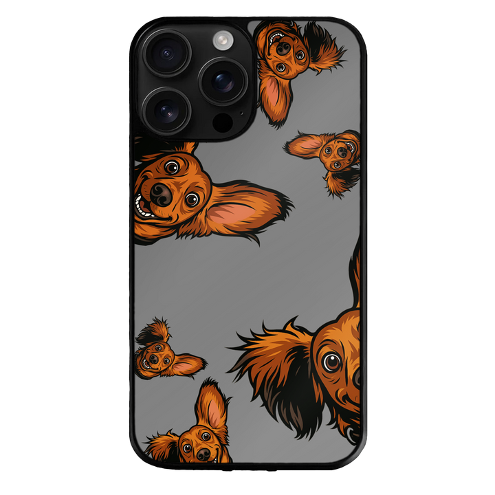 Phone case with cartoon dog illustration on a gray background