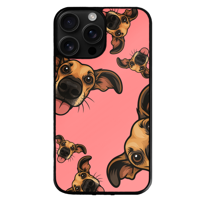Phone case with dog illustration on a pink background