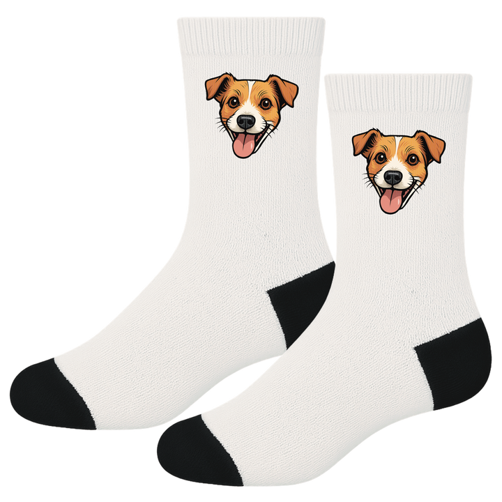 White socks with dog face design on a white background