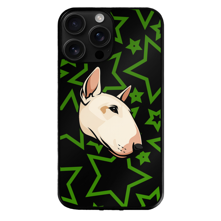 Phone case with a dog illustration by theTailed on a black background with green star patterns