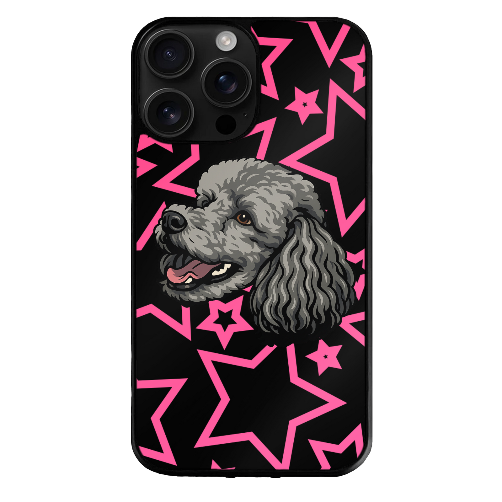 Phone case with a dog illustration by theTailed with pink star pattern on a black background