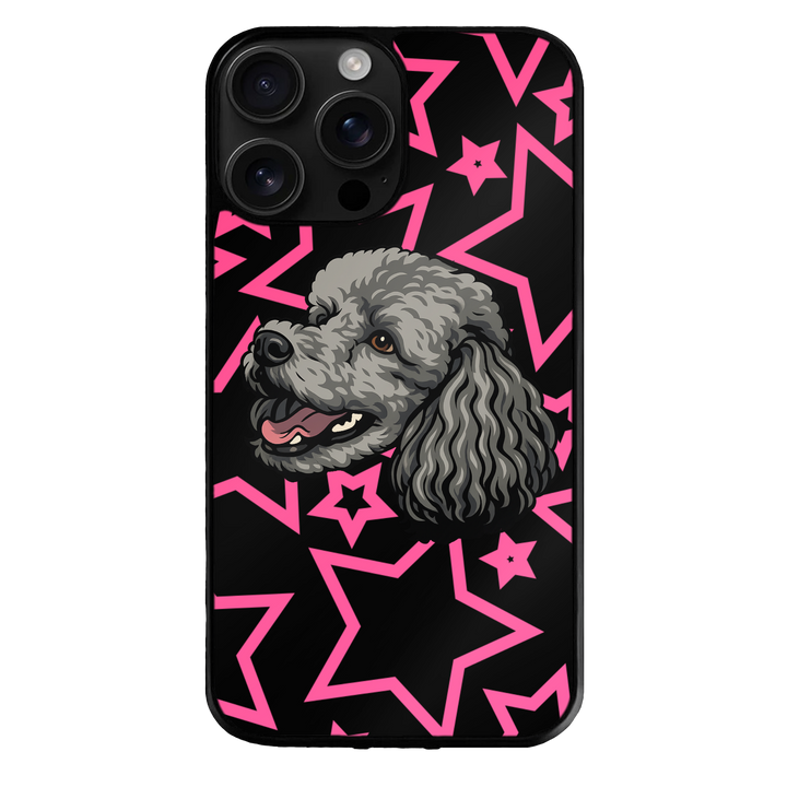 Phone case with a dog illustration by theTailed with pink star pattern on a black background