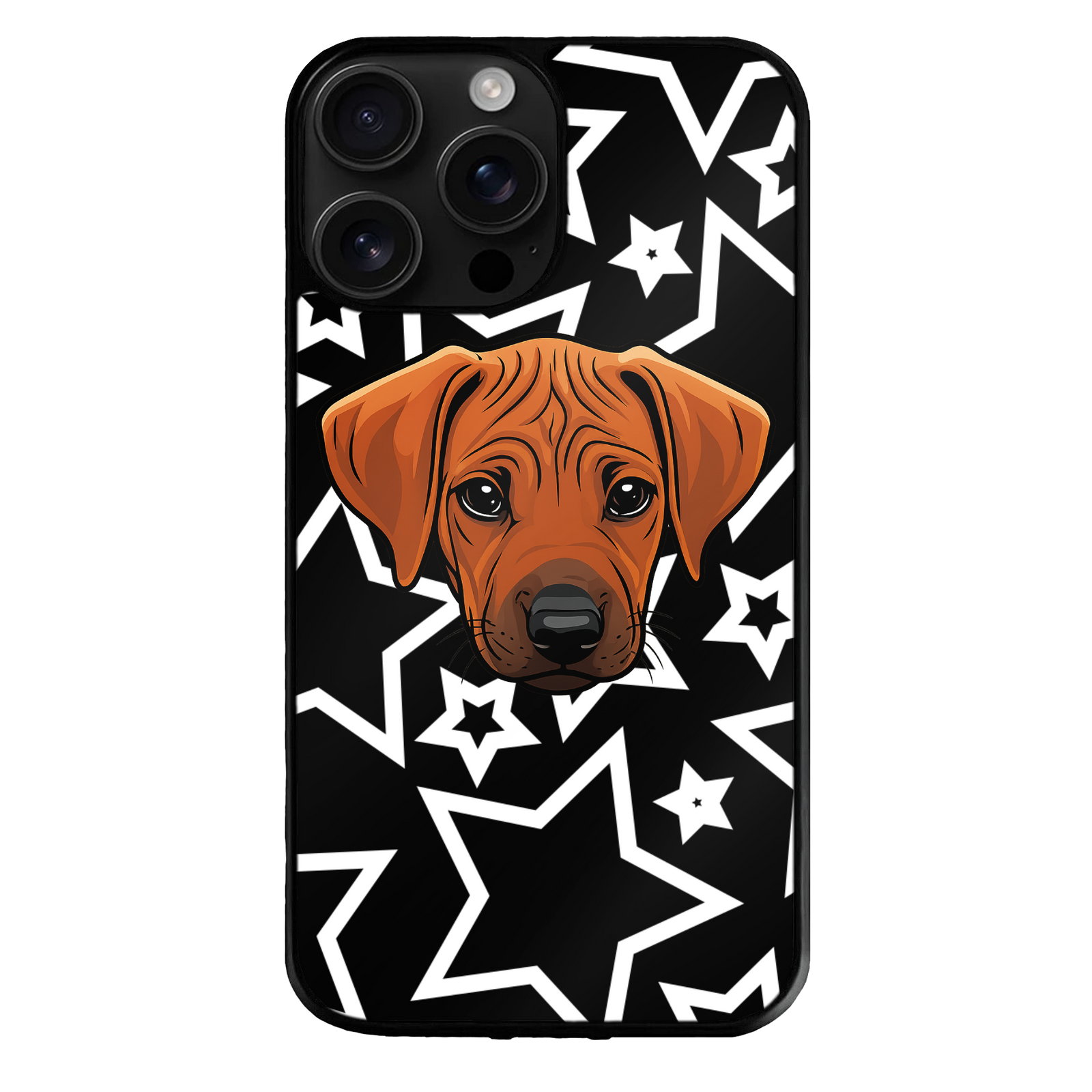 Phone case with a dog illustration by theTailed on a black background with white star patterns