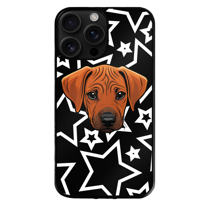 Phone case with a dog illustration by theTailed on a black background with white star patterns