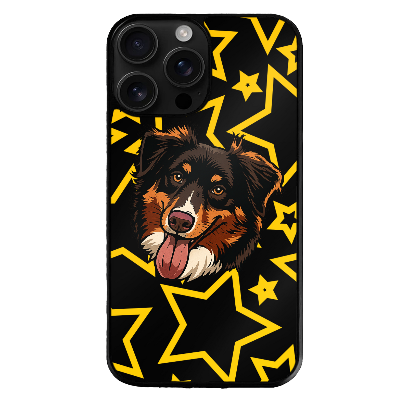 Phone case with a dog illustration by theTailed and yellow star pattern on a black background