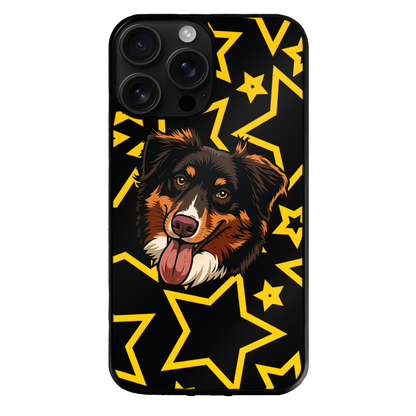 Phone case with a dog illustration by theTailed and yellow star pattern on a black background